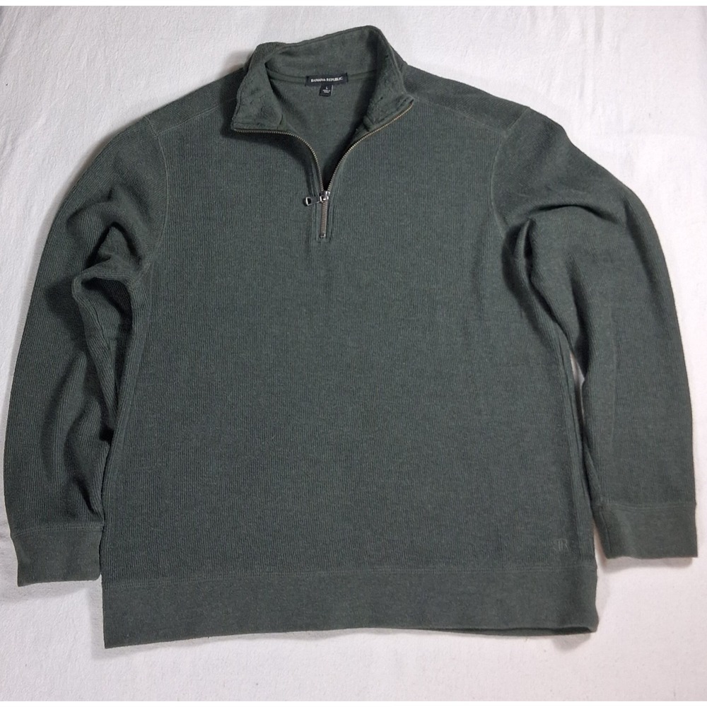 Banana Republic Mens Quarter Zip Pullover Sweater L Olive Green Ribbed Cotton